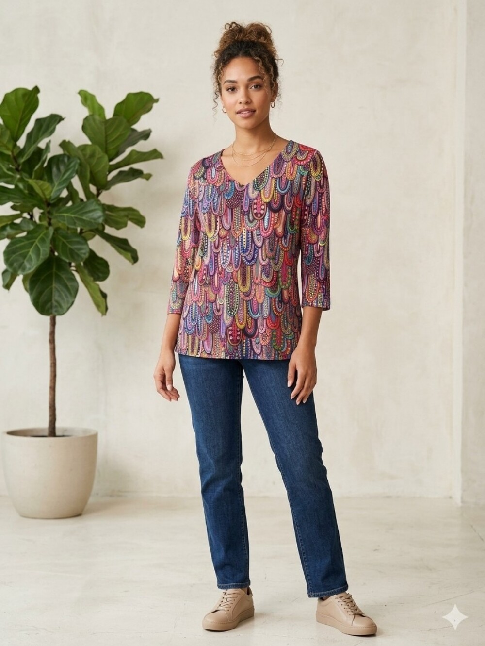Boho Colorful Teardrop Print V-Neck Blouse Tunic 3/4 Sleeve Plus Size